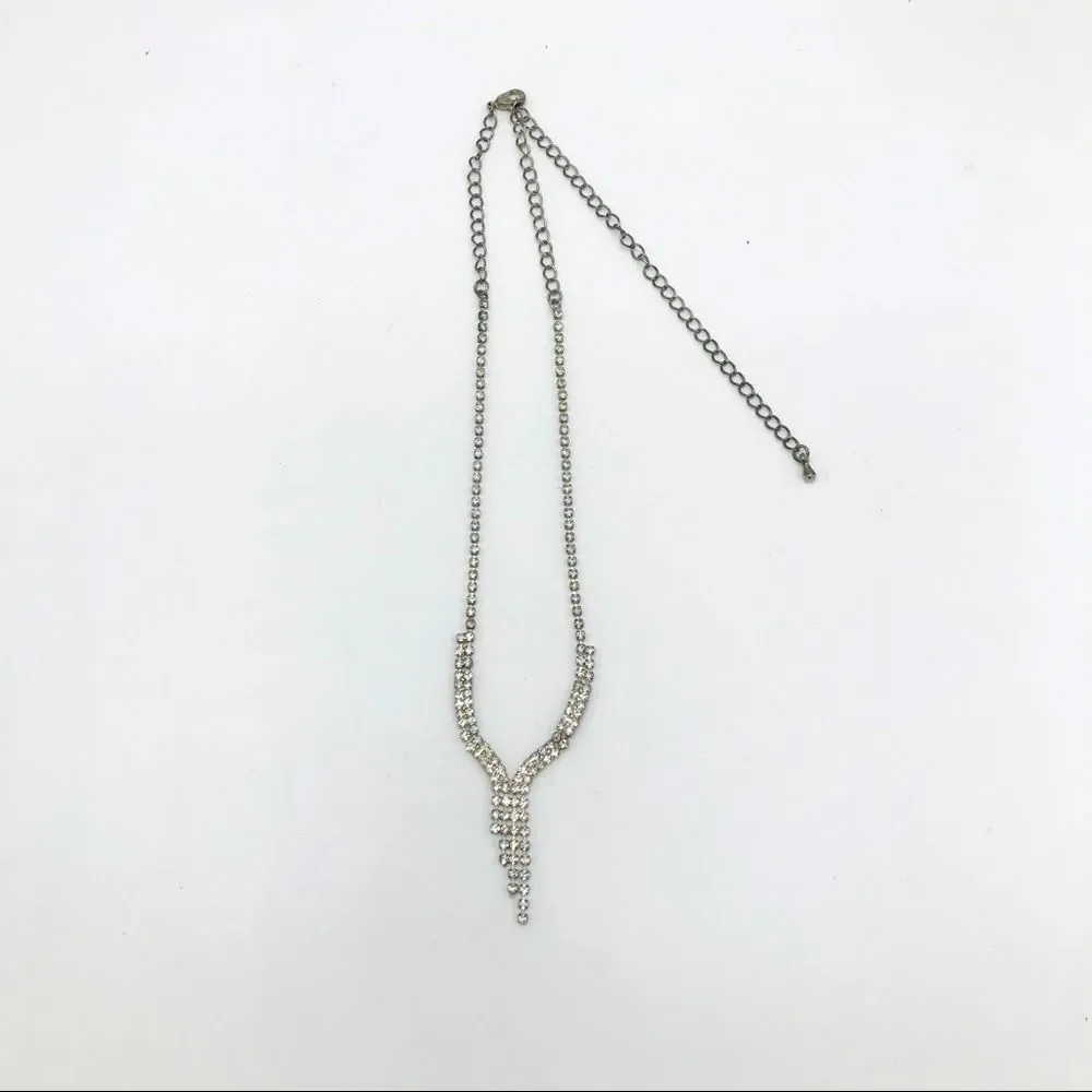 Vintage Necklace Rhinestone Silver Tone Y Drop